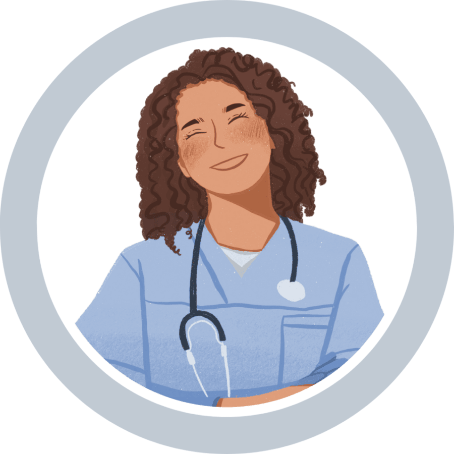 Digital image of a woman nurse in blue scrubs smiling