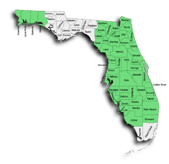 County map of the state of Florida with most counties shaded in green